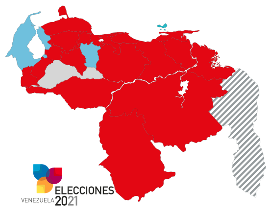 The political map of the governorships in Venezuela after the November 2021 elections, where red signifies the states where Chavismo governs, and blue and grey where the opposition won. File photo.