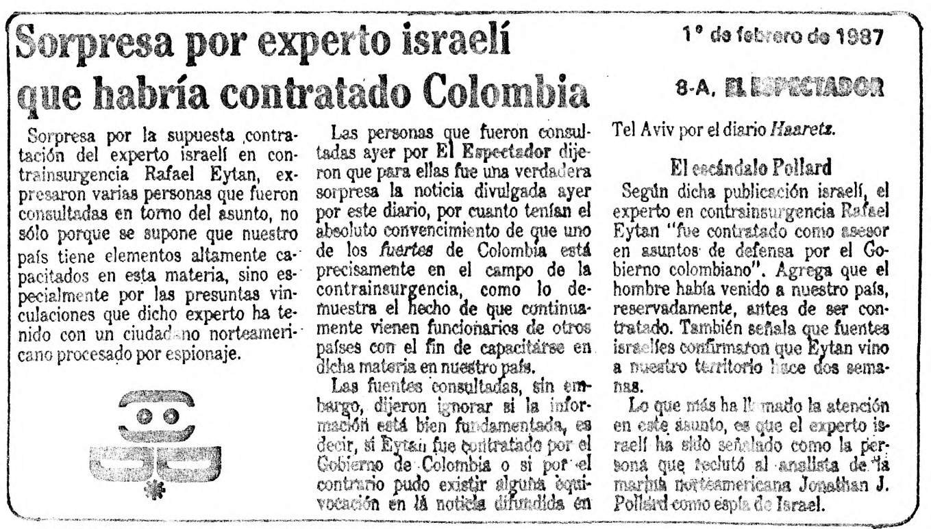 Un reporte Un informe ahora enterrado de la edición de febrero de 1987 de 'El Espectador' en español sobre la contratación de Eitan (Foto: MintPress News)